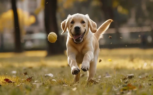 dog happily playing fetch in a park