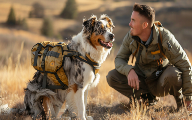 happy Australian Shepherd wearing a service dog vest and working with a handler