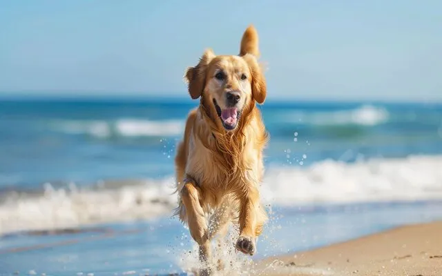 happy and healthy dog running on a beach