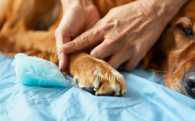 person applying a cold compress to a dog's paw