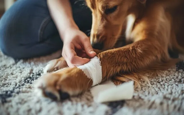 person gently bandaging their dog's paw