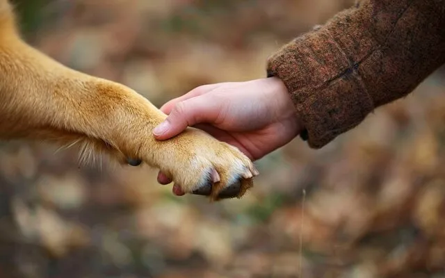 person gently examining a dog's paw