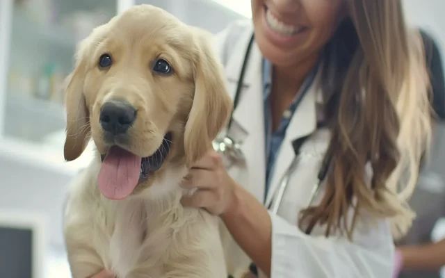 veterinarian giving a dog a physical exam