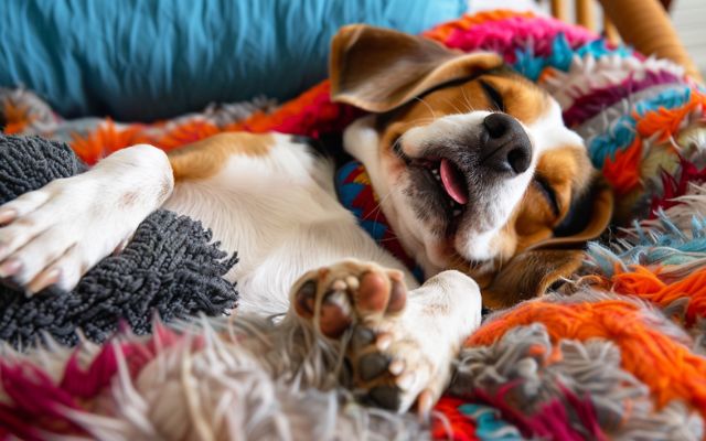 A Beagle dog howling in its sleep with its tongue out and paws twitching, lying on a dog bed