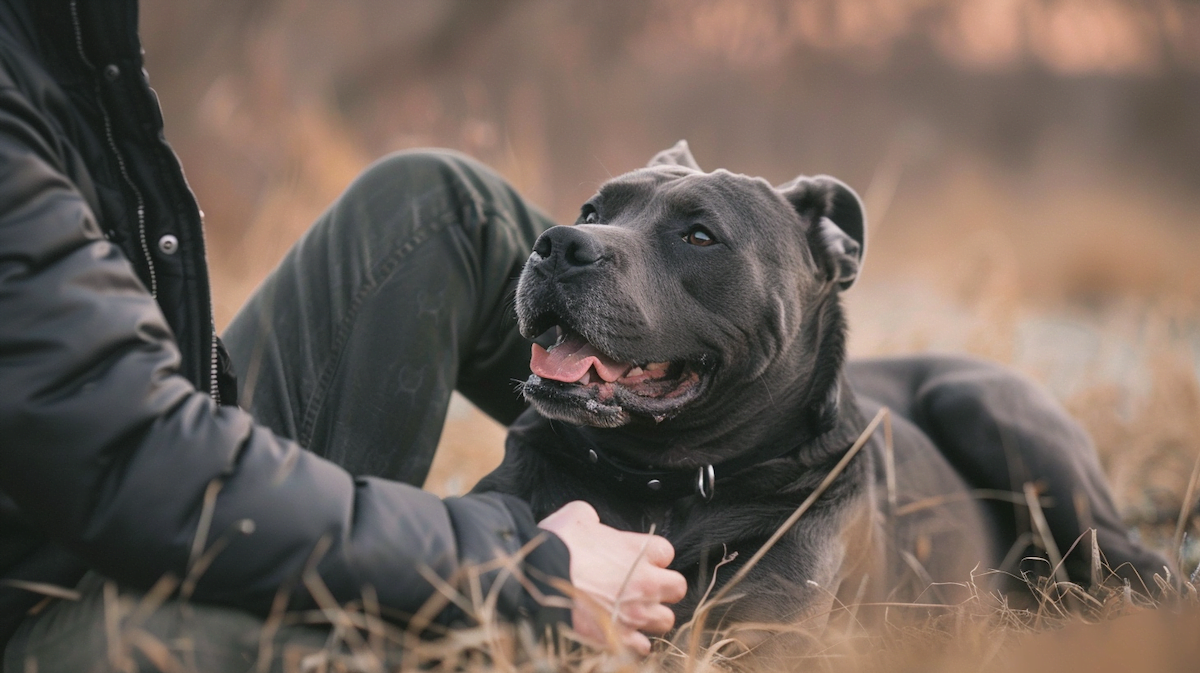 A Cane Corso Husky mix playfully interacting with its owner