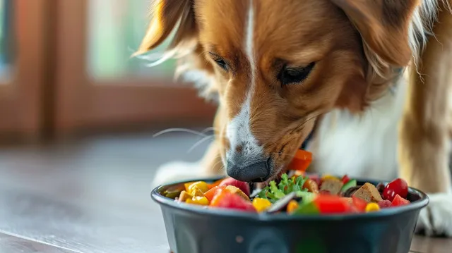 A Golden Retriever enjoys a bowl of anti-inflammatory dog food