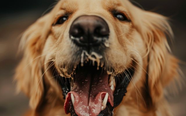 A close-up of a happy dog with a string of drool hanging from its mouth.