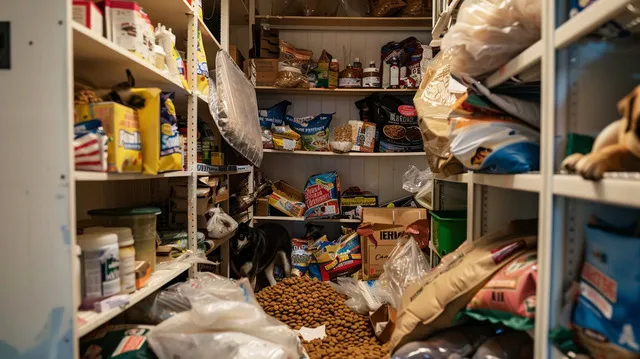 A cluttered pantry filled with dog food bags, illustrating the potential challenges of storing bulk dog food