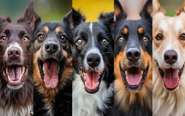 A collage of different dog breeds reacting to the same scent