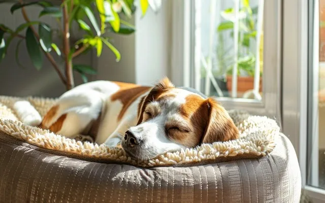 A content dog relaxing in a cozy dog bed