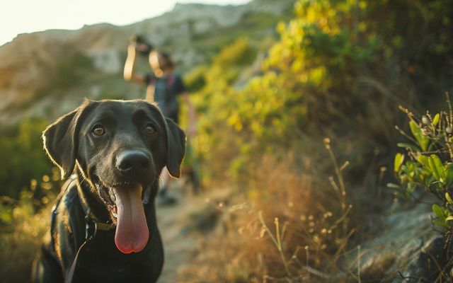 A dog and owner hiking on a trail surrounded by lush greenery.