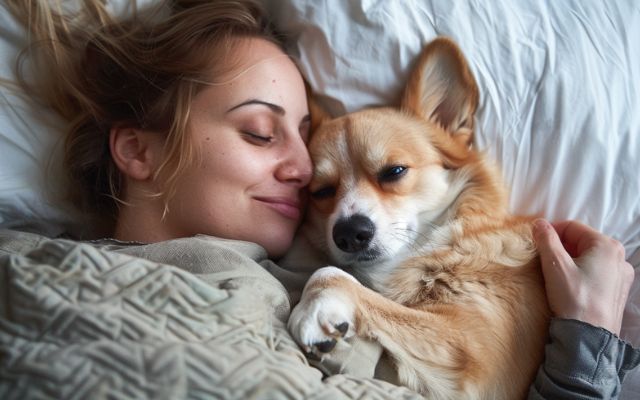 A dog and their owner co-sleeping comfortably with designated spaces, demonstrating how to make co-sleeping successful.