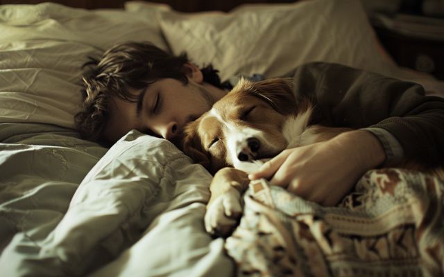 A dog and their owner sleeping peacefully in bed, showcasing the close bond between humans and their canine companions.