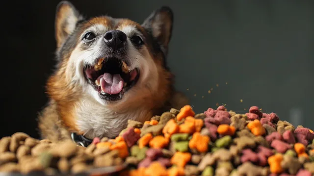 A dog enjoying a variety of different dog foods, highlighting the importance of choosing a food that your dog enjoys and that meets their individual needs