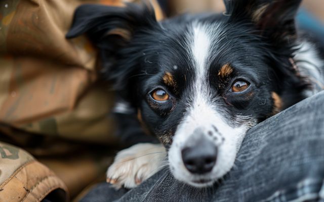 A dog finding comfort and security in their owner's presence, highlighting the psychological benefits of co-sleeping.