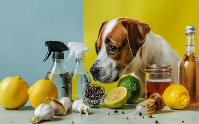 A dog reacting with disgust to a collection of items such as a lemon, a bottle of vinegar, a pepper, and a spray bottle