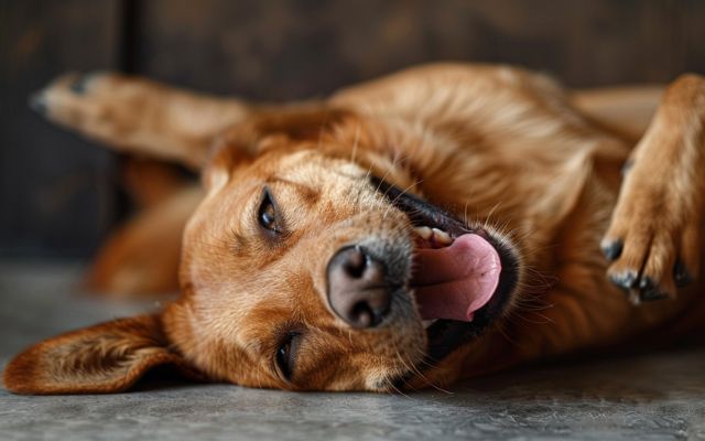 A dog showing signs of respiratory distress, including open-mouth breathing and blue gums, indicating the need for immediate veterinary attention.