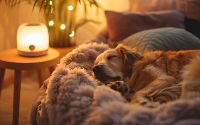 A dog sleeping soundly in a cozy bed with a white noise machine, diffuser, and soft blankets around.