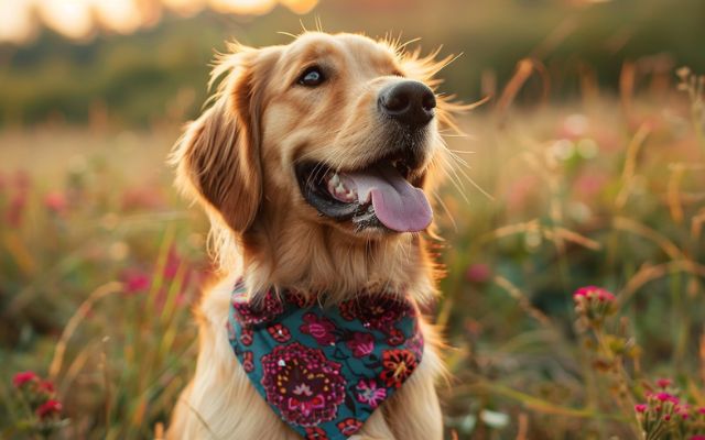 A dog wearing a drool bib to catch excess saliva.