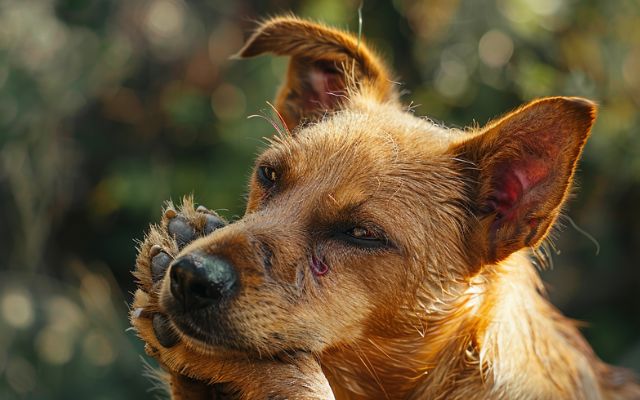 A dog with a red, irritated face, possibly scratching or pawing at it