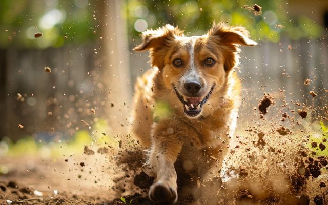 A happy dog digging a hole in the backyard