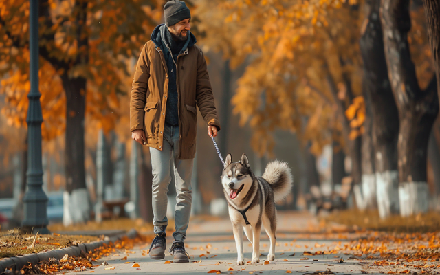 A happy dog owner walking a relaxed and obedient dog in a park