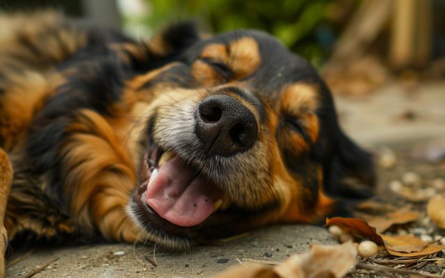 A happy dog with a clean face, resting after a meal.