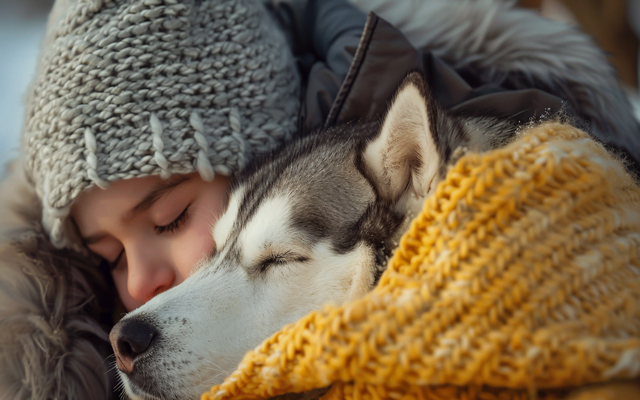 A heartwarming photo of a Siberian Husky snuggling with its owner