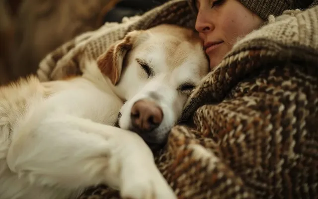 A human and dog cuddling