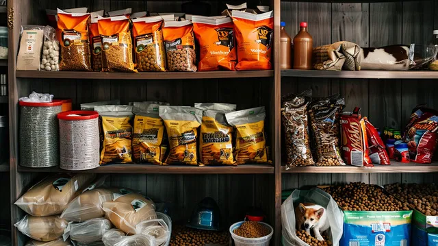 A pantry stocked with multiple bags and containers of dog food, illustrating the security of having a guaranteed supply