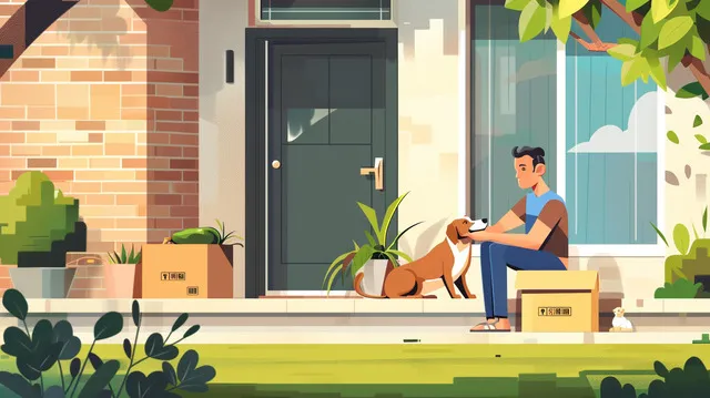 A person and their dog relaxing at home while a delivery driver delivers a bulk order of dog food, illustrating the convenience of bulk buying