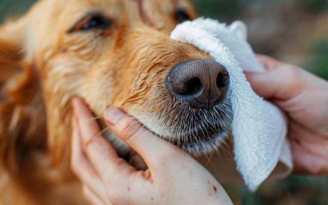 A person cleaning a dog's face with a microfiber cloth, highlighting the importance of good hygiene for managing drool.