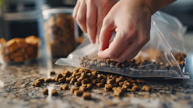 A person inspecting a bag of dog food, emphasizing the importance of choosing the right type and buying from a reputable source