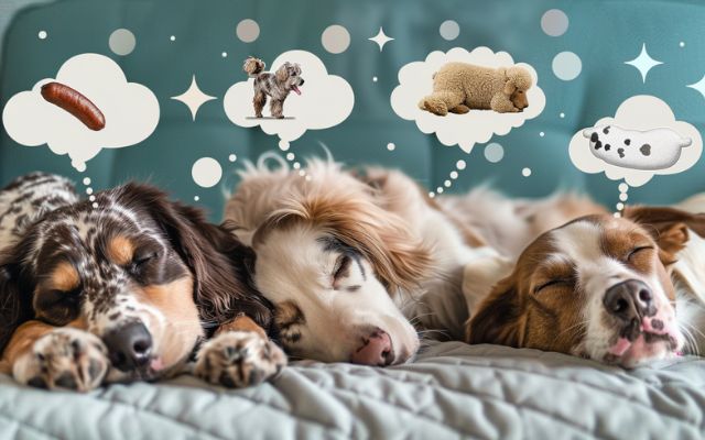 A photo collage of dogs dreaming, with thought bubbles showing a dachshund chasing a sausage, a Border Collie herding sheep, and a Golden Retriever playing fetch.