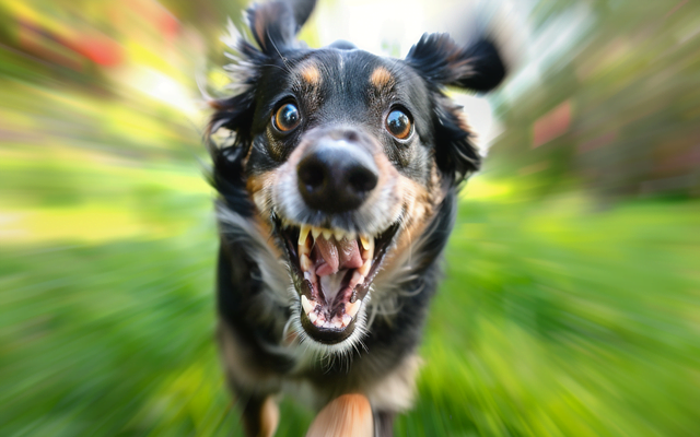 A photo of a dog in the midst of a zoomie, ideally with a joyful expression on its face