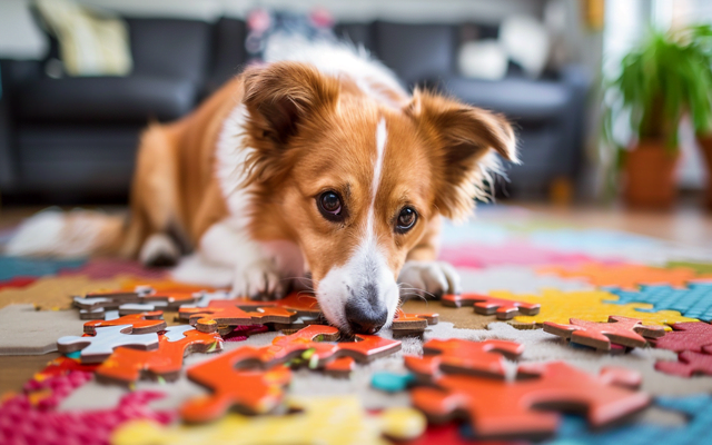 A photo of a dog playing with a puzzle toy