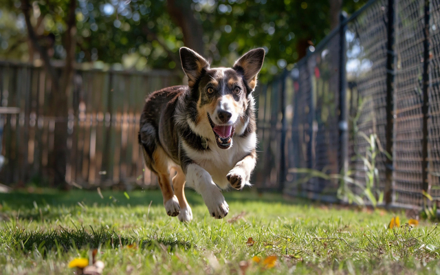 A photo of a dog running in a fenced-in yard