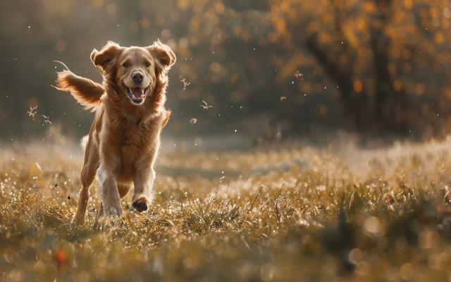 A photo of a dog running joyfully in a field