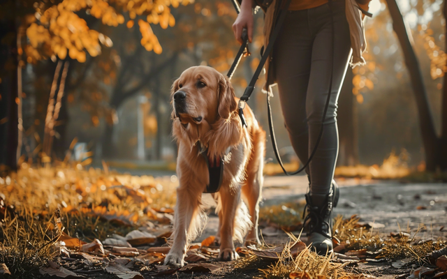 A photo of a service dog performing a specific task, such as guiding a blind person