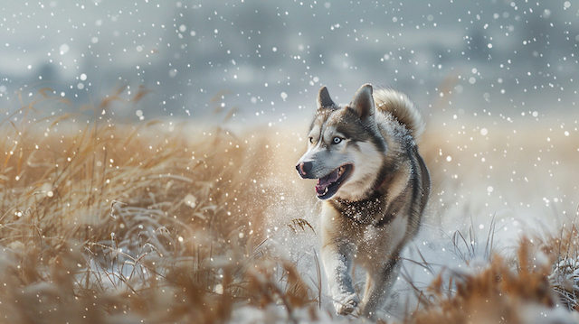 A playful Alusky dog running through a snowy field