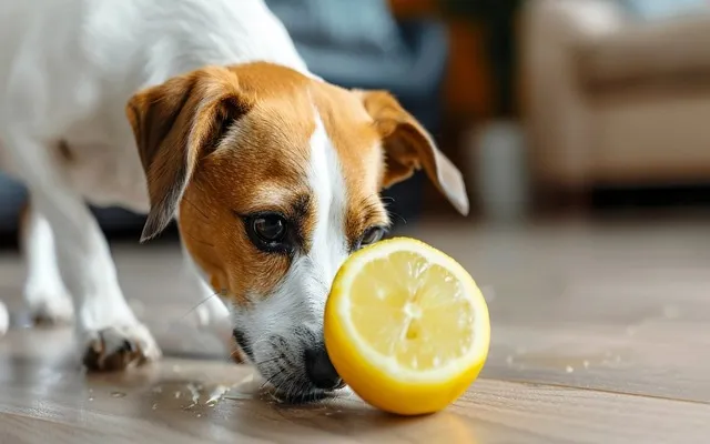 A playful dog recoiling from a lemon