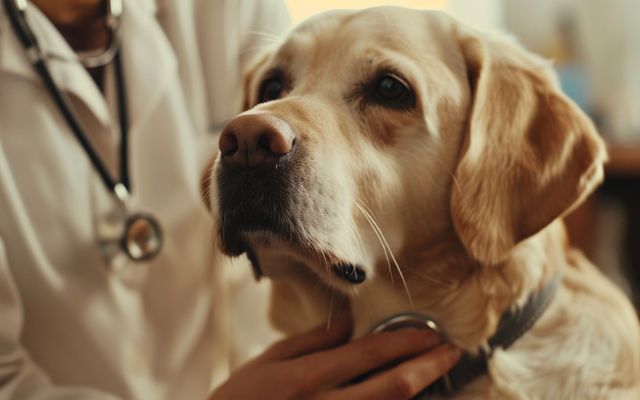 A veterinarian examining a dog's respiratory system using a stethoscope to diagnose the cause of noisy breathing.