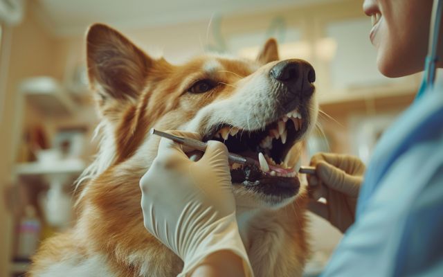 A veterinarian examining a dog's teeth to check for dental problems that could cause excessive drooling.