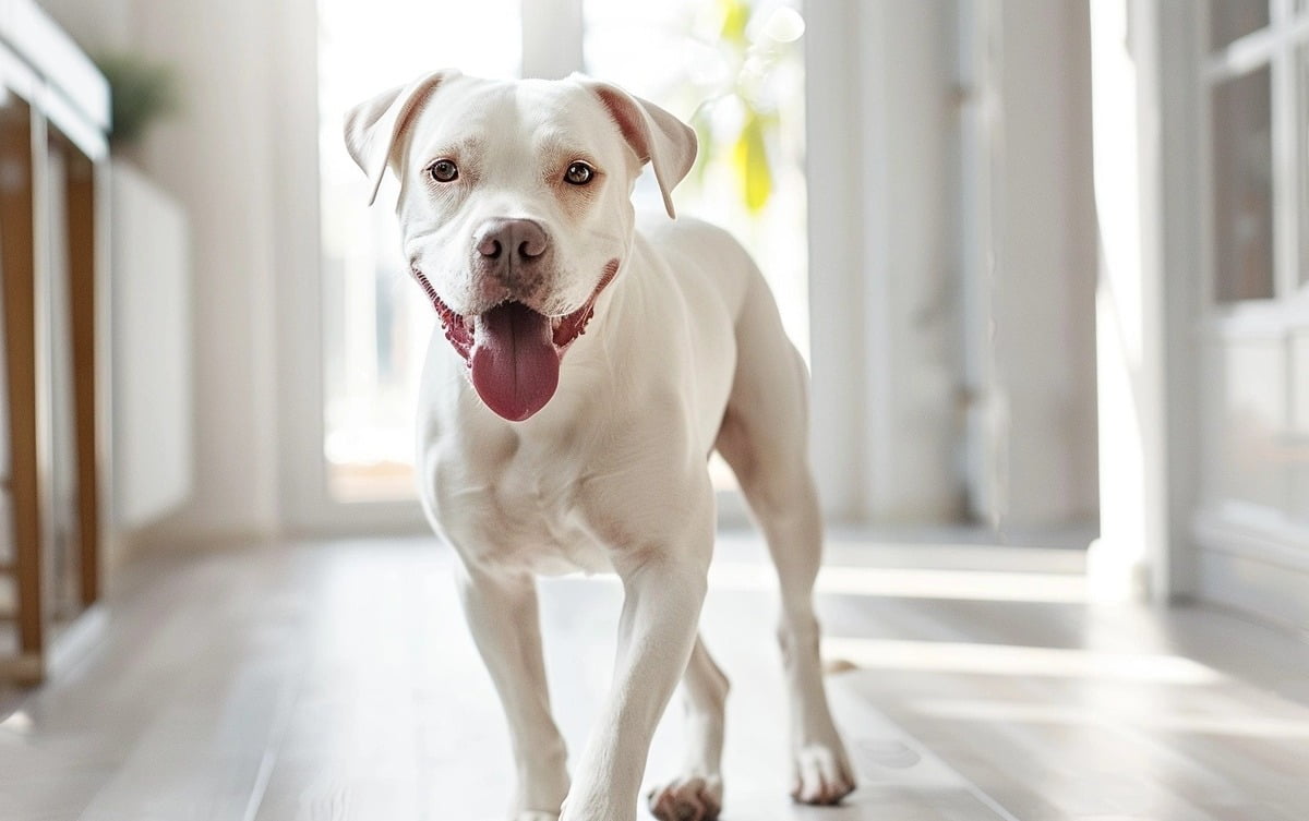 American Bulldog Lab Mix dog is walking in a house