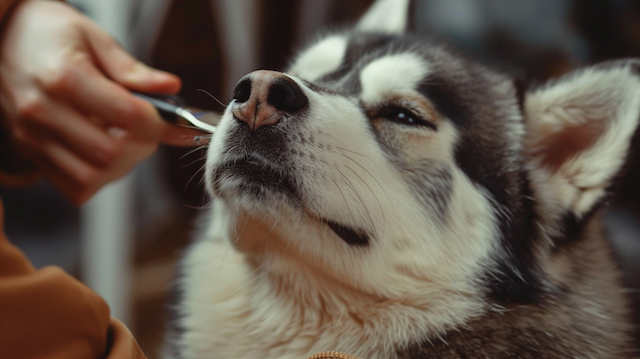 An Alusky being brushed by its owner