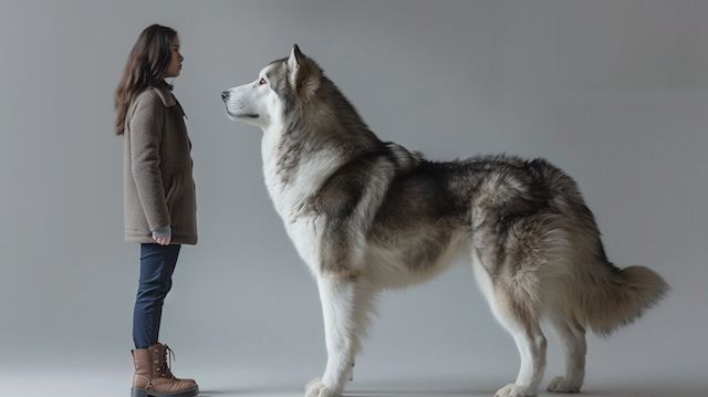 An Alusky dog standing next to a human for size comparison