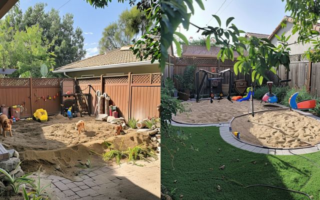  Before and after comparison of a backyard, showing a dog-friendly transformation with a designated digging area.