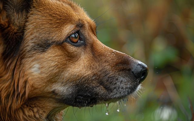 Close-up of a dog's face with a single drop of drool