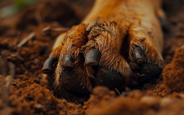 Close-up of a dog's muddy paw, showing the joy of digging.