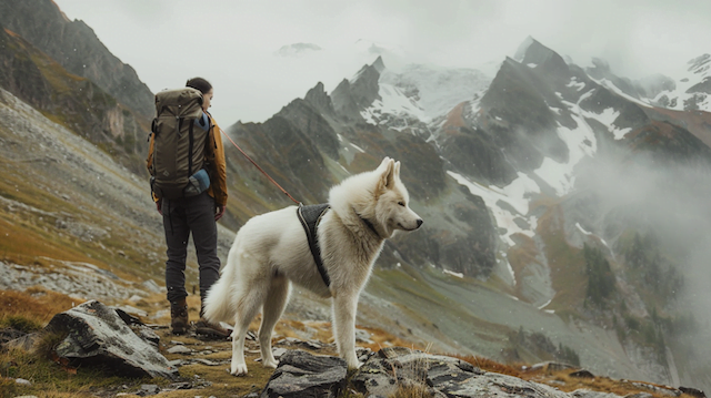 Dog Alusky hiking with his owner in a mountain landscape